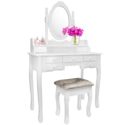 Set Masa Toaleta pentru Machiaj cu Oglinda Rabatabila, 7 Sertare si Scaun, Material MDF, Culoare Alb