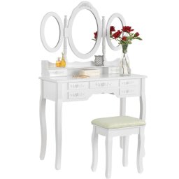 Set Masa Toaleta pentru Machiaj cu 3 Oglinzi, 7 Sertare si Scaun, Material MDF, Culoare Alb