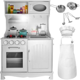 Set Bucatarie din Lemn pentru Copii cu Sunete, Iluminare LED, Sort, Boneta, Vase si Ustensile Metal, Dimensiuni 97x63x30 cm