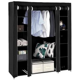 Dulap Textil Portabil pentru Haine si Accesorii cu 12 Rafturi si Suport Umerase Central, Cadru Metalic, Culoare Negru
