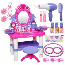 Set Masuta Toaleta Machiaj de Jucarie pentru Fetite cu Oglinda, Sunete, Lumini, Scaun, Uscator de Par si Accesorii Cosmetice pentru Copii