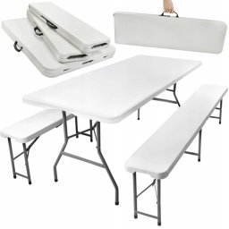 Set Masa cu 2 Banci Pliabile tip Valiza pentru Gradina, Camping, Terase, Lungime 180cm, Blat din Plastic ABS Gri Deschis