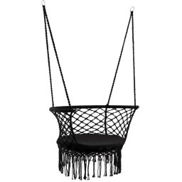 Scaun Suspendat tip Leagan Cuib 80cm cu Perna Inclusa si Franjuri pentru Terasa, Gradina sau Casa, Negru