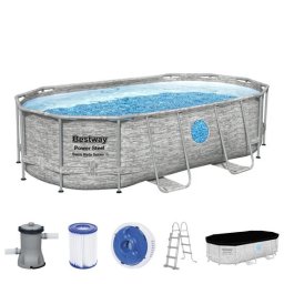 Piscina structura metalica, ovala, cu filtru, pompa, scara, dozator, prelata acoperire, gri, 427x250x100 cm, Bestway Power Steel GartenVIP DiyLine