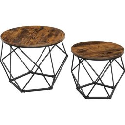 Masuta cafea, cu cos depozitare metalic, blat pal, rotund, maro rustic si negru, set 2 marimi GartenVIP DiyLine