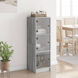 Dulap cu 3 Polite si Usi din Sticla tip Vitrina, Culoare Gri Stejar Sonoma, Dimensiuni 35x37x109 cm
