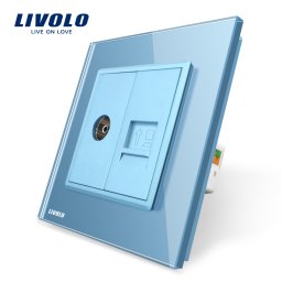 Priza dubla TV + priza internet Livolo cu rama din sticla SmartElectro IntelligentHouse
