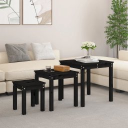 Set 3 Masute Suprapuse din Lemn Masiv de Brad, Dimensiuni Diferite, Culoare Negru