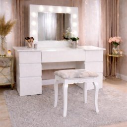 Masa de toaleta/machiaj, Antonia + taburet Vintage, alb, cu oglinda si LED-uri, 155x42x135 cm GartenVIP DiyLine