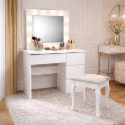 Masa de toaleta/machiaj, Irina + taburet Vintage, alb, cu oglinda si LED-uri, 94x43x141 cm GartenVIP DiyLine