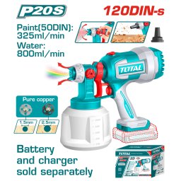 Pistol de vopsit TOTAL 20V fara fir, cu rezervor 1000 ml, duze 1.5/2.5 mm