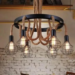 Lustra Andy 6 becuri E27 din metal si sfoara, negru-maro, stil rustic