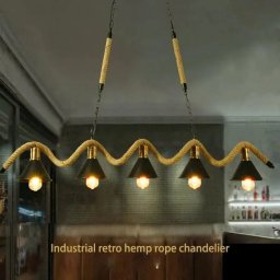 Lustra liniara cu franghie si metal, 5xE27, maro – stil industrial retro