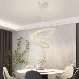 Lustra LED suspendata Canaan 80W cu telecomanda, 2 cercuri, cristale, crom
