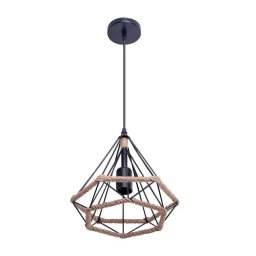 Pendul Milano cu sfoara si metal negru, 1xE27, design geometric rustic-industrial