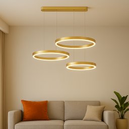 Lustra LED suspendata PERU 150W cu telecomanda, 3 cercuri, dimabila, auriu lucios
