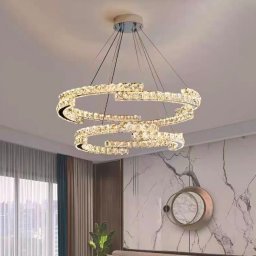 Lustra LED suspendata MIA Latifah 55W, 2 cercuri cu cristale, telecomanda, crom