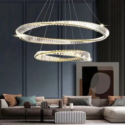 Lustra LED suspendata CAIRO 98W cu telecomanda, cristal auriu, 2 cercuri