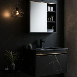 Set mobilier baie 80x50 cm, 2 piese, negru marmorat, cu lavoar si oglinda