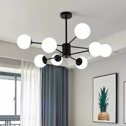 Lustra moderna Keneth negru mat cu 8 globuri albe, 8xE27, 100 cm