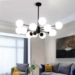 Lustra moderna Kashton, 12x E27, negru mat cu globuri alb mat, 105 cm