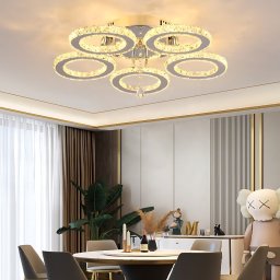 Lustra LED ALANUBIS 80W cu telecomanda, 5 cercuri cu cristal, crom lucios