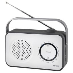 Radio portabil Sencor AM/FM alb, carcasa cauciucata si difuzor 3 inch