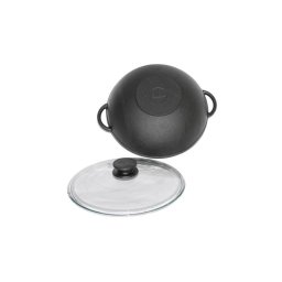 Wok din fonta 28 cm cu capac din sticla Biol, pentru gatit uniform