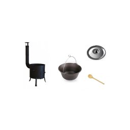 Set ceaun din fonta 22L cu soba 39 cm, capac inox si lingura de lemn 50 cm