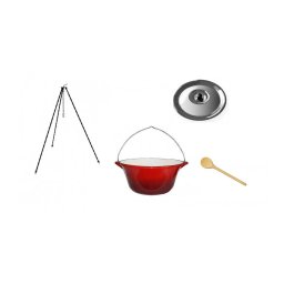 Set ceaun din fonta emailata 10,8 L cu trepied 1,25 m, capac inox si lingura