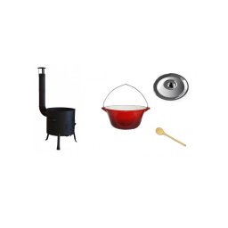 Set ceaun din fonta emailata 15 L cu soba 36 cm, capac si lingura de lemn