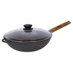 Wok din fonta 26 cm cu maner din lemn detasabil si capac din sticla, Biol