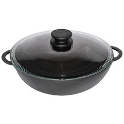 Wok din fonta 30 cm cu capac din sticla, pentru gatit uniform pe toate plitele