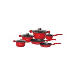 Set de vase Cheffinger 10 piese, aluminiu turnat antiaderent marmorat, rosu