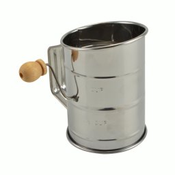 Recipient din inox cu sita pentru faina, zahar pudra si cacao, cu maner din lemn