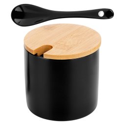 Zaharnita din ceramica neagra cu capac din bambus si lingurita, 250 ml