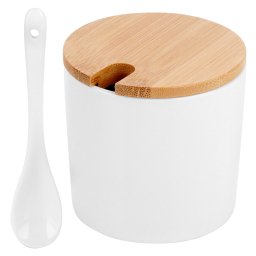 Zaharnita din ceramica alba cu capac din bambus si lingurita, 250 ml