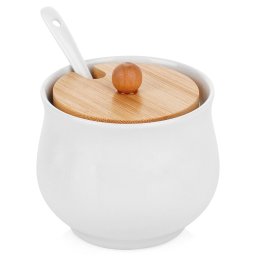 Zaharnita din ceramica alba cu capac din bambus, 250 ml, 9x9 cm