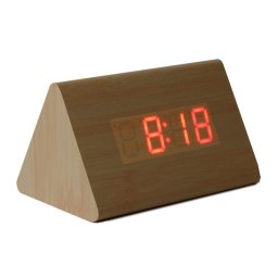 Ceas LED digital de birou tip lemn maro, cu senzor sunet, data si temperatura