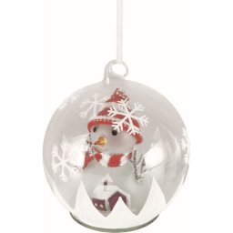 Glob de Craciun din sticla cu LED RGB si figurina om de zapada, 13 cm