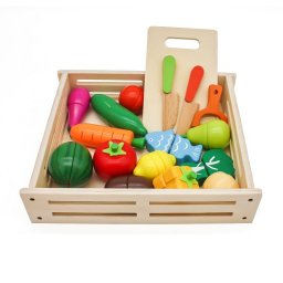 Set din lemn cu ladita, fructe si legume de feliat, magnetice, 17 piese