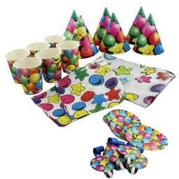 Set accesorii party pentru 6 persoane, multicolor, cu farfurii, pahare si coifuri (30 piese)