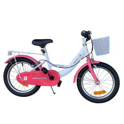 Bicicleta pentru copii 16 inch alb-roz cu cos frontal, portbagaj si frane V-Brake