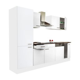 Mobila de bucatarie Leziter Yorki 280 cm, alb satinat, cu dulap cu rafturi