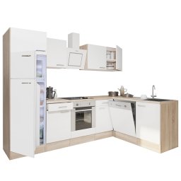 Mobila bucatarie de colt Leziter Yorki 280 cm, stejar Sonoma, front alb satinat