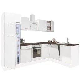 Dulap de bucatarie pe colt Leziter Yorki 280 cm, alb satinat, cu spatiu cuptor si frigider