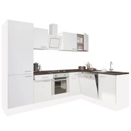 Bucatarie modulara de colt Leziter Yorki 280 cm, alb/alb satinat, corp cuptor si dulap cu raft