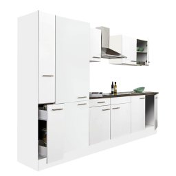 Mobila de bucatarie Leziter Yorki 300 cm, alb satinat, cu dulap cu raft si blat 38 mm