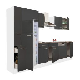 Mobila de bucatarie Leziter Yorki 310 cm, alb cu fronturi antracit satinat, dulap frigider