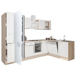 Mobila bucatarie de colt Yorki 310 cm, stejar Sonoma, alb satinat, cu dulap frigider